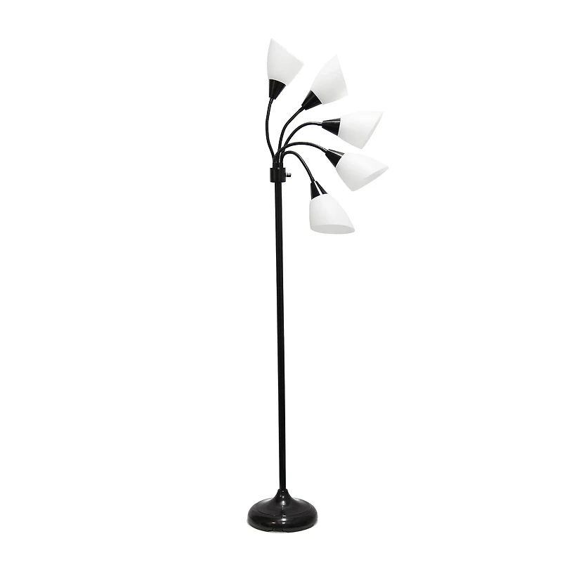 Simple Designs™ 5.5ft. 5-Light Gooseneck Black Floor Lamp with White Shades
