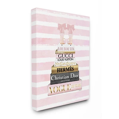 Stupell Industries Glam Fashion Heals with Bookstack and Pink Stripes Canvas Wall Art