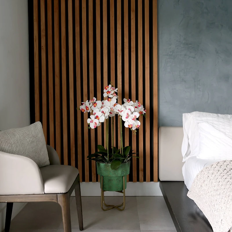 3.5ft. White Orchid Arrangement in Patina Metal Planter with Stand