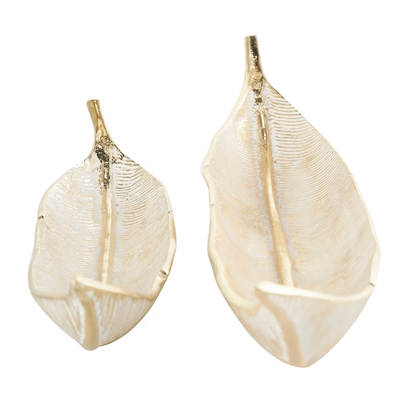 Silver Aluminum Leaf Slim Carved Decorative Bowl Set with Gold Metallic Accents