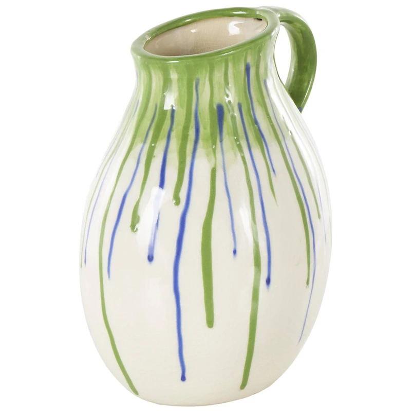 11" White, Green & Blue Drip Design Ceramic Vase with Handle