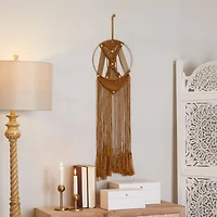 Brown Fabric Handmade Intricately Weaved Macrame Wall Decor with Beaded Fringe Tassels 10" x 0" x 39"