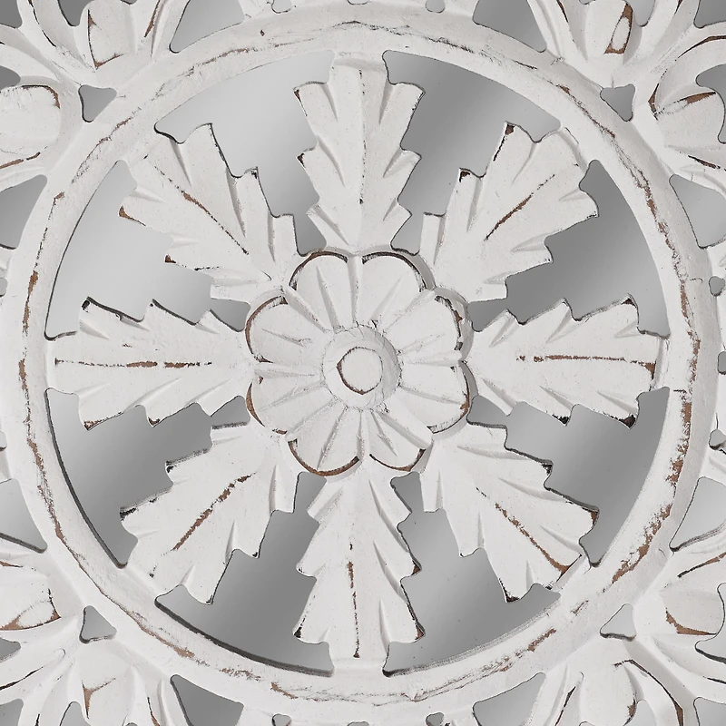 American Art Décor™ 16" Distressed Reflective Hand-Carved White Wood Wall Accent Medallion