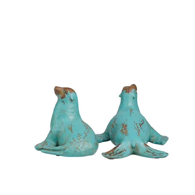Teal Polystone Distressed Sea Lion Sculpture Set