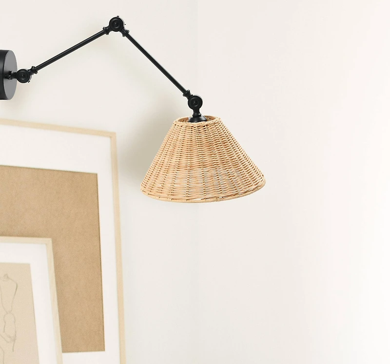 Hello Honey® 29" Black Metal Finish Coastal Adjustable Wall Sconce with Neutral Beige Rattan Shade