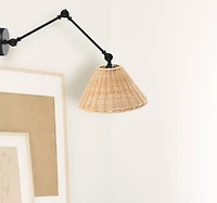 Hello Honey® 29" Black Metal Finish Coastal Adjustable Wall Sconce with Neutral Beige Rattan Shade
