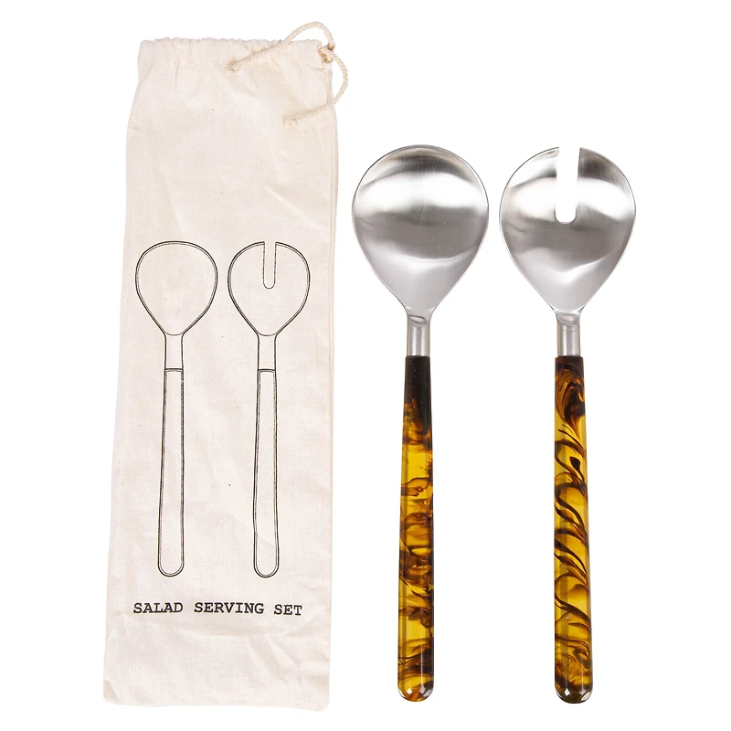 Hello Honey® Stainless Steel Salad Server Set with Marbled Handles in Drawstring Bag