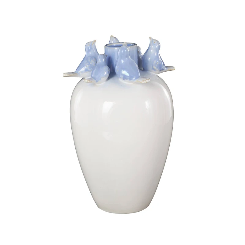 13" White Ceramic Bird Decorative Vase with Blue Accents
