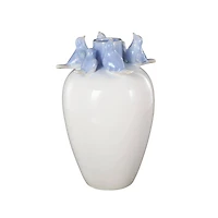 13" White Ceramic Bird Decorative Vase with Blue Accents