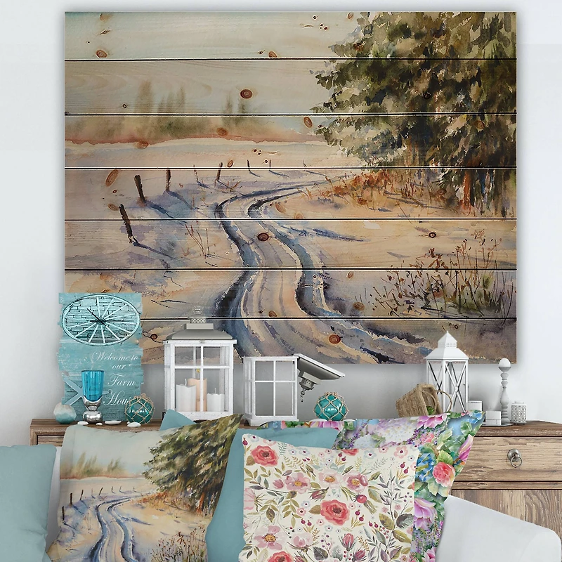 Designart - Snowy Winter Forest Landscape Country Road In Snow