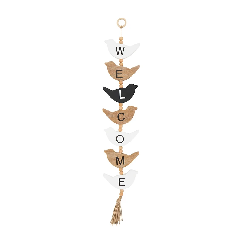 7" x 42" Handmade Black Wood Bird Welcome Sign Wall Décor with Tassel & Bead Accents