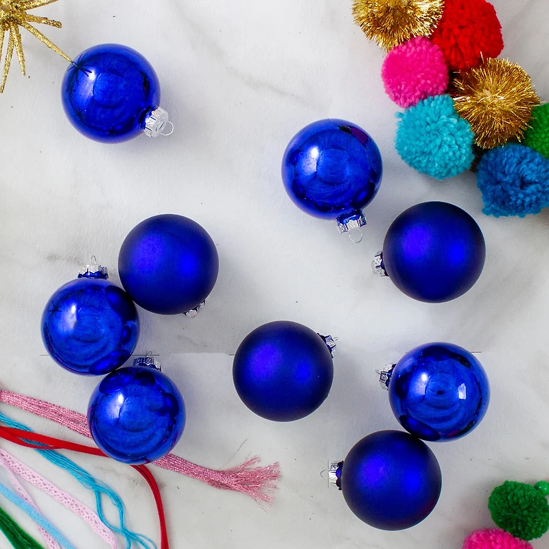 9ct. 2.5" Shiny & Matte Royal Blue Glass Ball Ornaments
