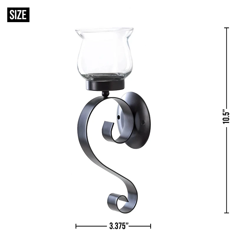 10.5" Black Rustic Iron and Glass Scrolling Candle Holder Wall Sconce