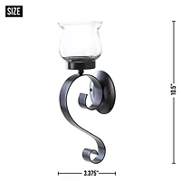 10.5" Black Rustic Iron and Glass Scrolling Candle Holder Wall Sconce