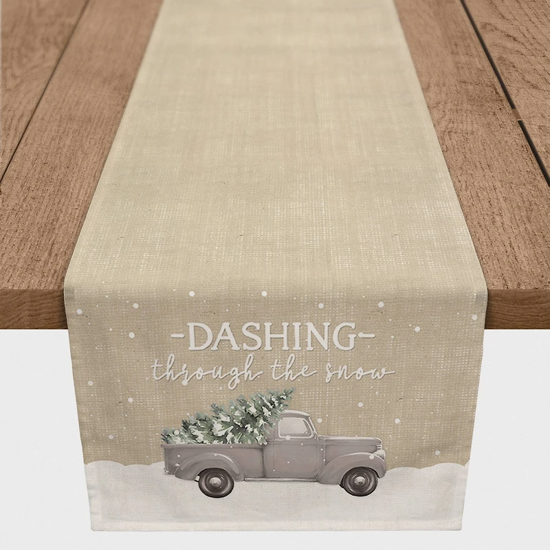 Dashing Through the Snow Painted Tree Truck 16x72 Poly Twill Table Runner