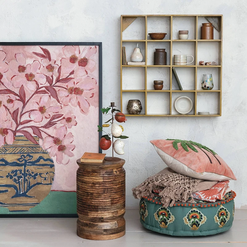 Hello Honey® Natural Round Mango Wood Carved Line Stool Table