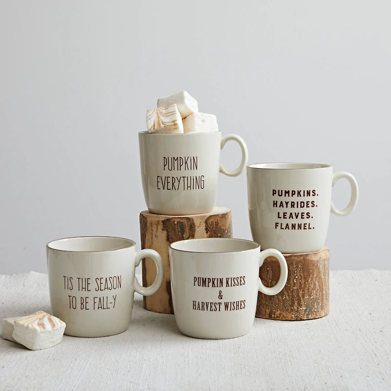 Hello Honey® 16oz. Cream & Brown Fall Saying Stoneware Mugs, 4ct.