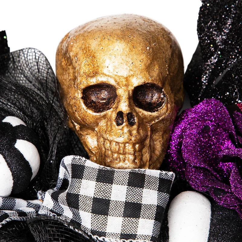 22" Skull with Hands & Purple Roses Halloween Twig Wreath