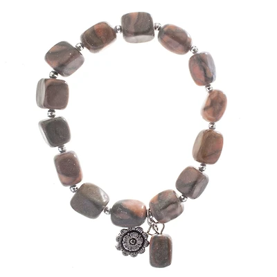 John Bead Jasper Gray Natural Stone Stretch Bracelet with Flower Charm