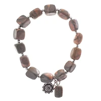 John Bead Jasper Gray Natural Stone Stretch Bracelet with Flower Charm