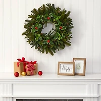 22" Pinecone & Holly Leaf Artificial Wreath