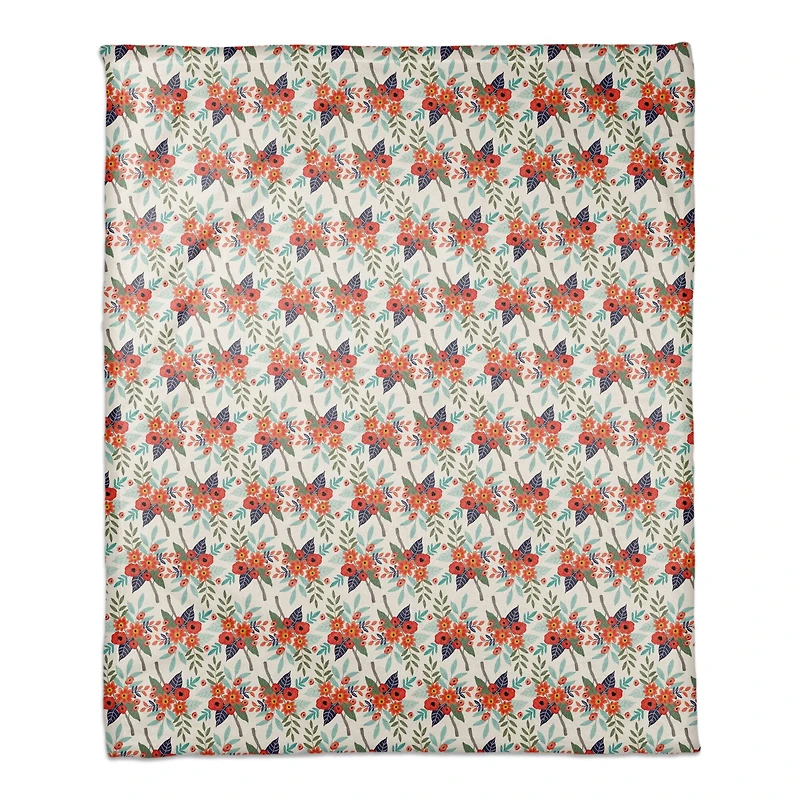 White Throw Blanket with Orange Floral Pattern
