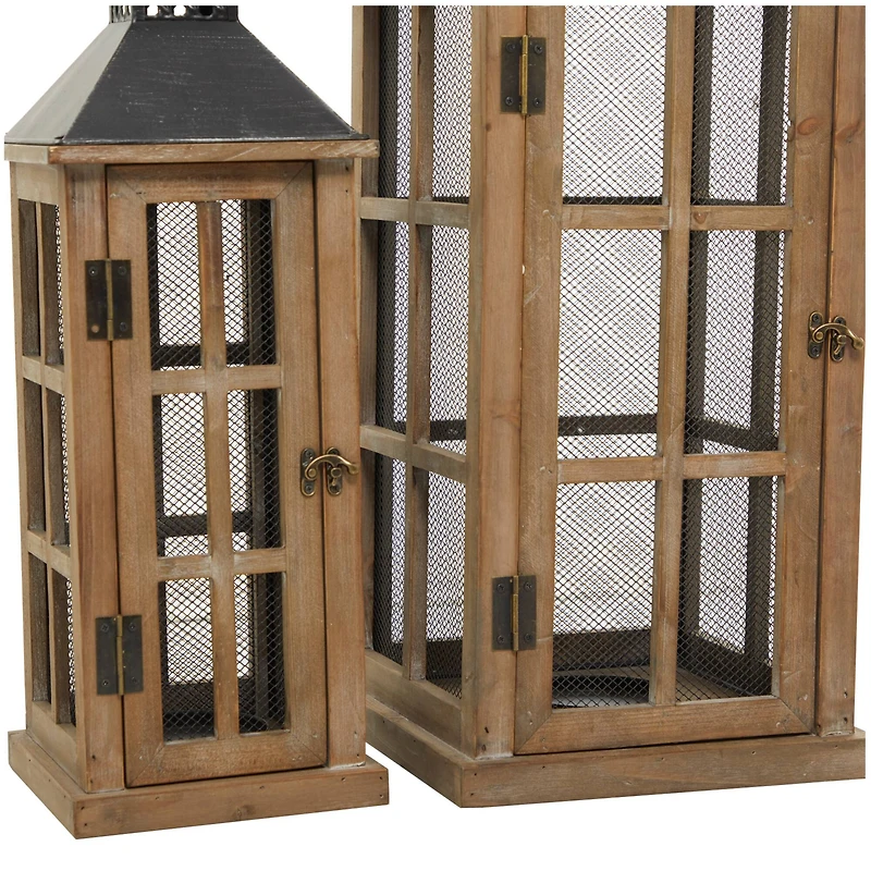 Brown Wood Lighthouse Style Candle Lantern Set