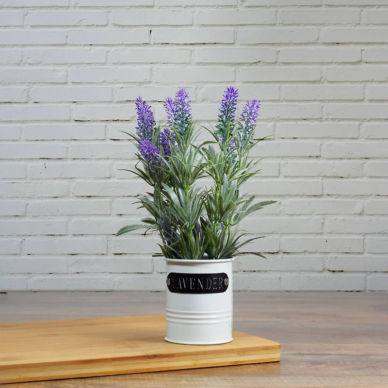 11'' Artificial Lavender Arrangement in White Tin Can