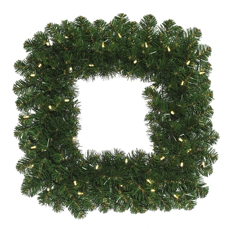 30" Oregon Fir Square Wreath, Warm White LED Wide Angle Lights