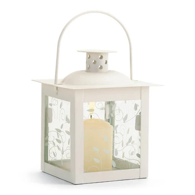 4.75" Small White Square Candle Lantern with Leaves