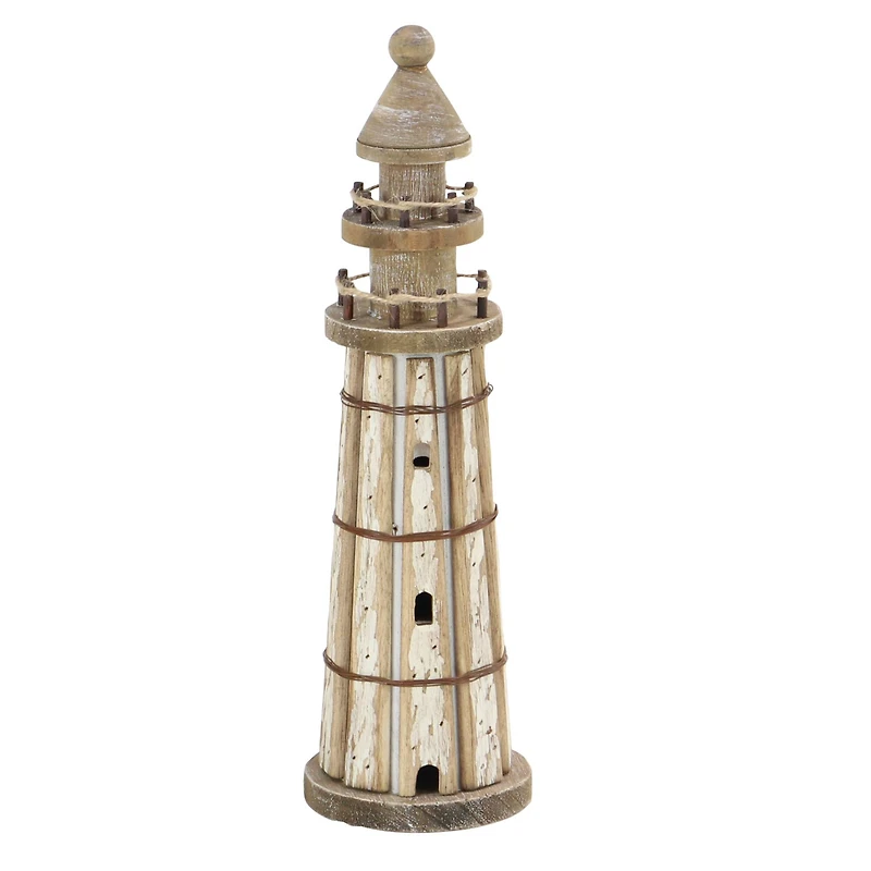 Set of 2 Brown Wood Coastal Light House Sculpture, 15", 20"