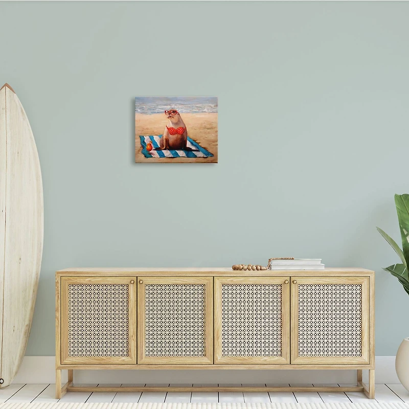 Stupell Industries Polka Dot Bikini Sea Lion Tropical Drink Beach Scene Canvas Wall Art