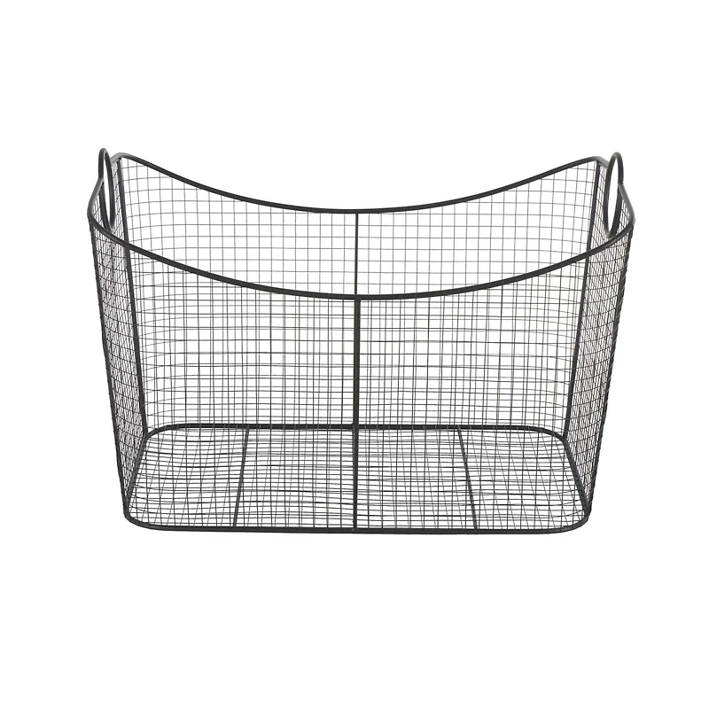 30.25" Black Metal Open Frame Wire Grid Storage Basket with Curved Sides & Ring Handles