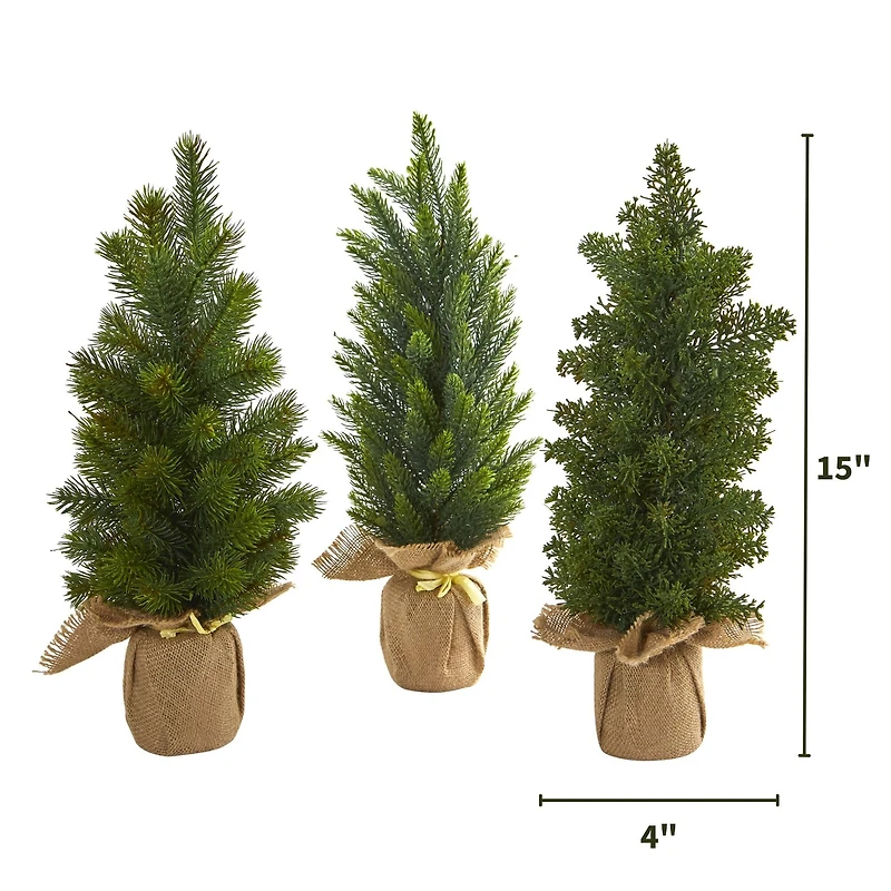3 Pack 15" Unlit Mini Cypress & Pine Artificial Christmas Trees with Burlap Base