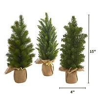 3 Pack 15" Unlit Mini Cypress & Pine Artificial Christmas Trees with Burlap Base