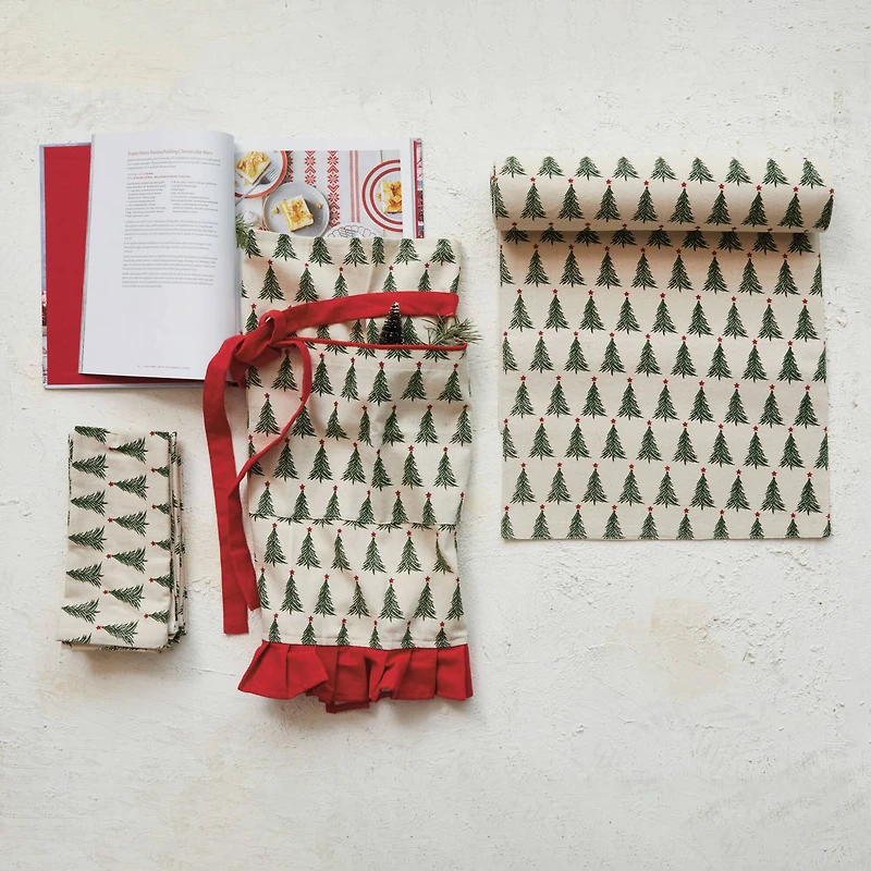 Hello Honey® Natural, Green & Red Cotton Printed Half Apron with Christmas Tree Pattern, Pocket & Ruffle