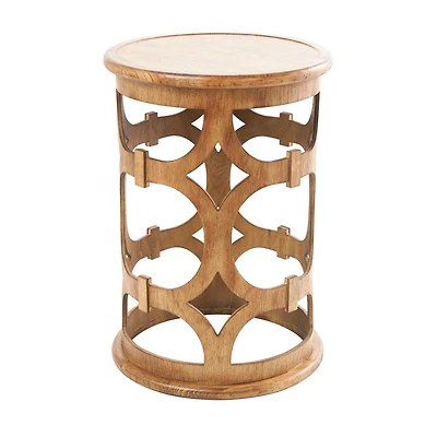 Brown Wood Open Frame Geometric Accent Table with Circular Cutouts