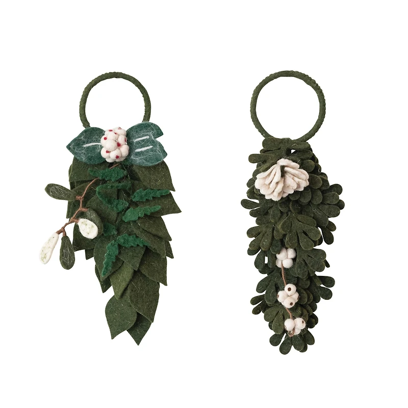 Hello Honey® 11" Green & Cream Handmade Wool Felt Door Hanger with Leaves & Flowers Set