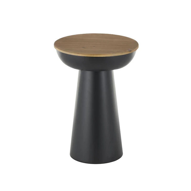21" Black Metal Pedestal Accent Table with Brown Wood Tabletop