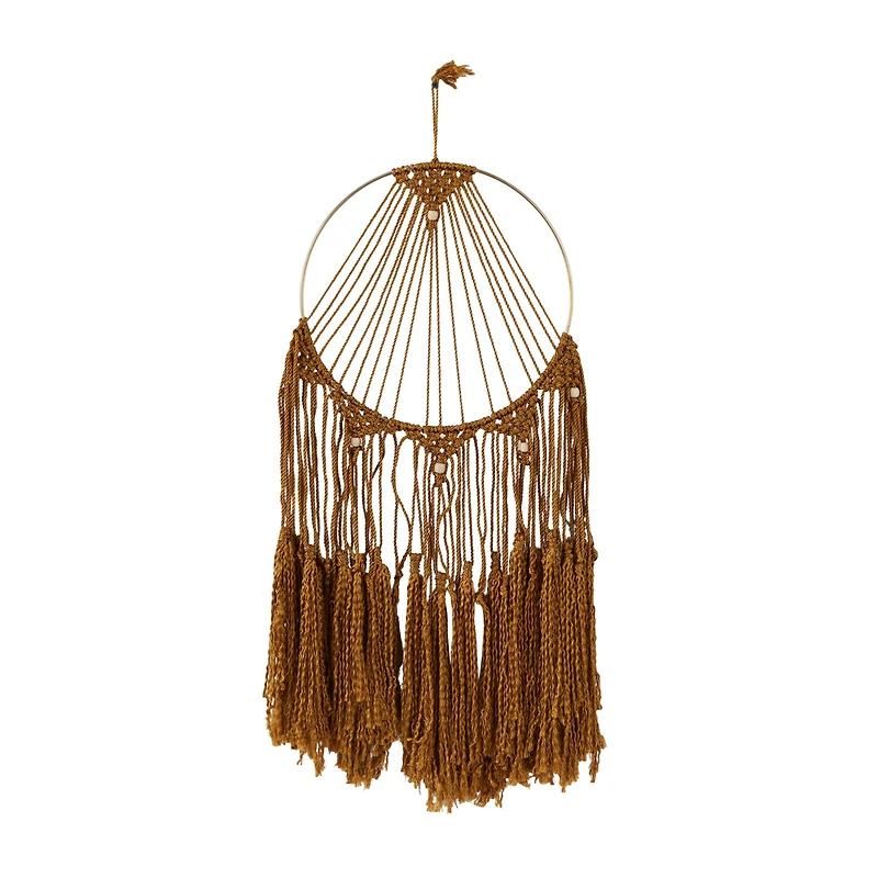 Brown Fabric Handmade Intricately Weaved Macrame Wall Decor with Beaded Fringe Tassels 12" x 0" x 32"