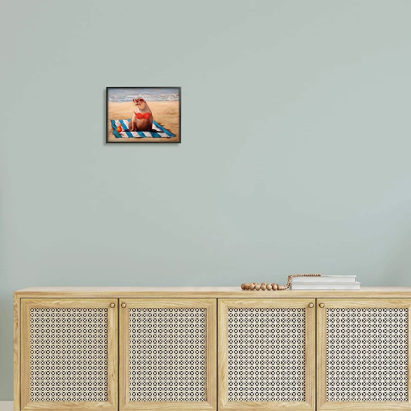 Stupell Industries Polka Dot Bikini Sea Lion Tropical Drink Beach Scene Framed Wall Art