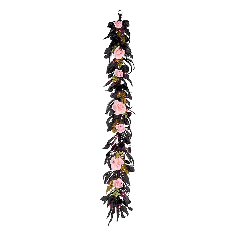 6ft. Cute & Creepy Pink & Black Halloween Flower Pre-Lit LED Garland