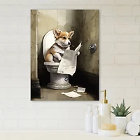 Designart 'Silly Corgi Reading News On Toilet' Animals Canvas Wall Art