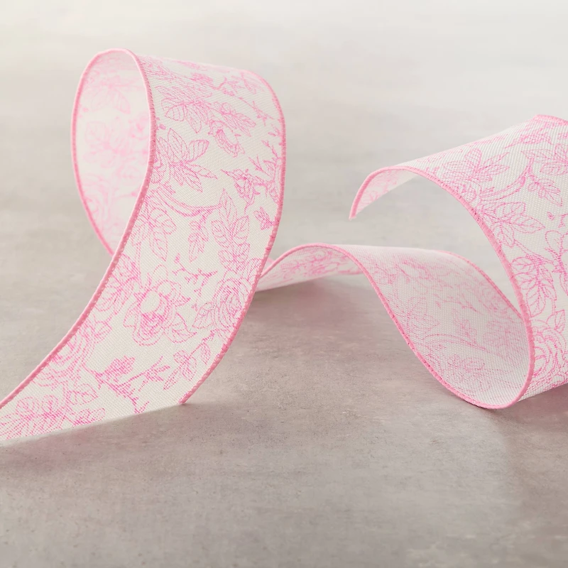 2.5" x 3yd. Wired Pink Floral Faux Linen Ribbon by Celebrate It®