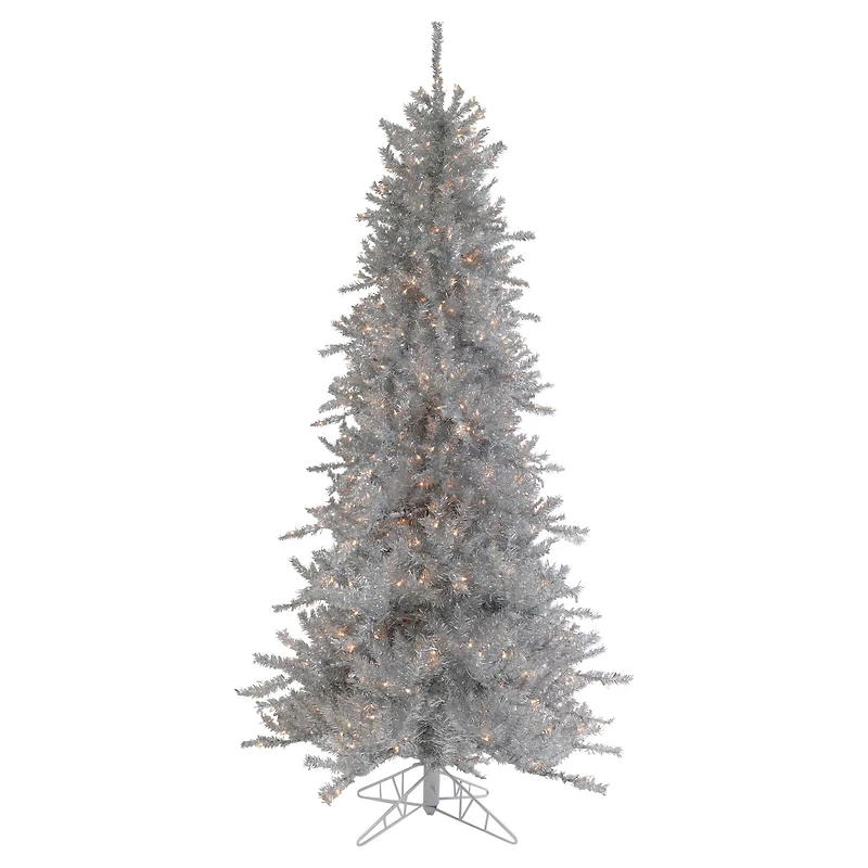 9ft. Pre-Lit Silver Noble Fir Tinsel Artificial Christmas Tree, Clear Lights