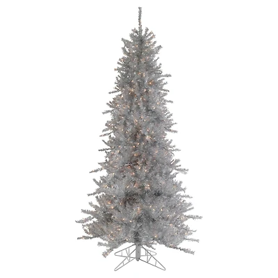 9ft. Pre-Lit Silver Noble Fir Tinsel Artificial Christmas Tree, Clear Lights