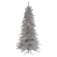 9ft. Pre-Lit Silver Noble Fir Tinsel Artificial Christmas Tree, Clear Lights