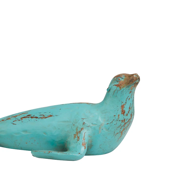 Teal Polystone Distressed Sea Lion Sculpture Set
