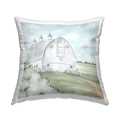 Stupell Industries White Country Barn Landscape Soft Hydrangeas Throw Pillow, 18" x 18"