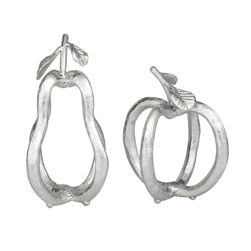 Set of 2 Silver Metal Eclectic Fruit Sculpture 8", 7"